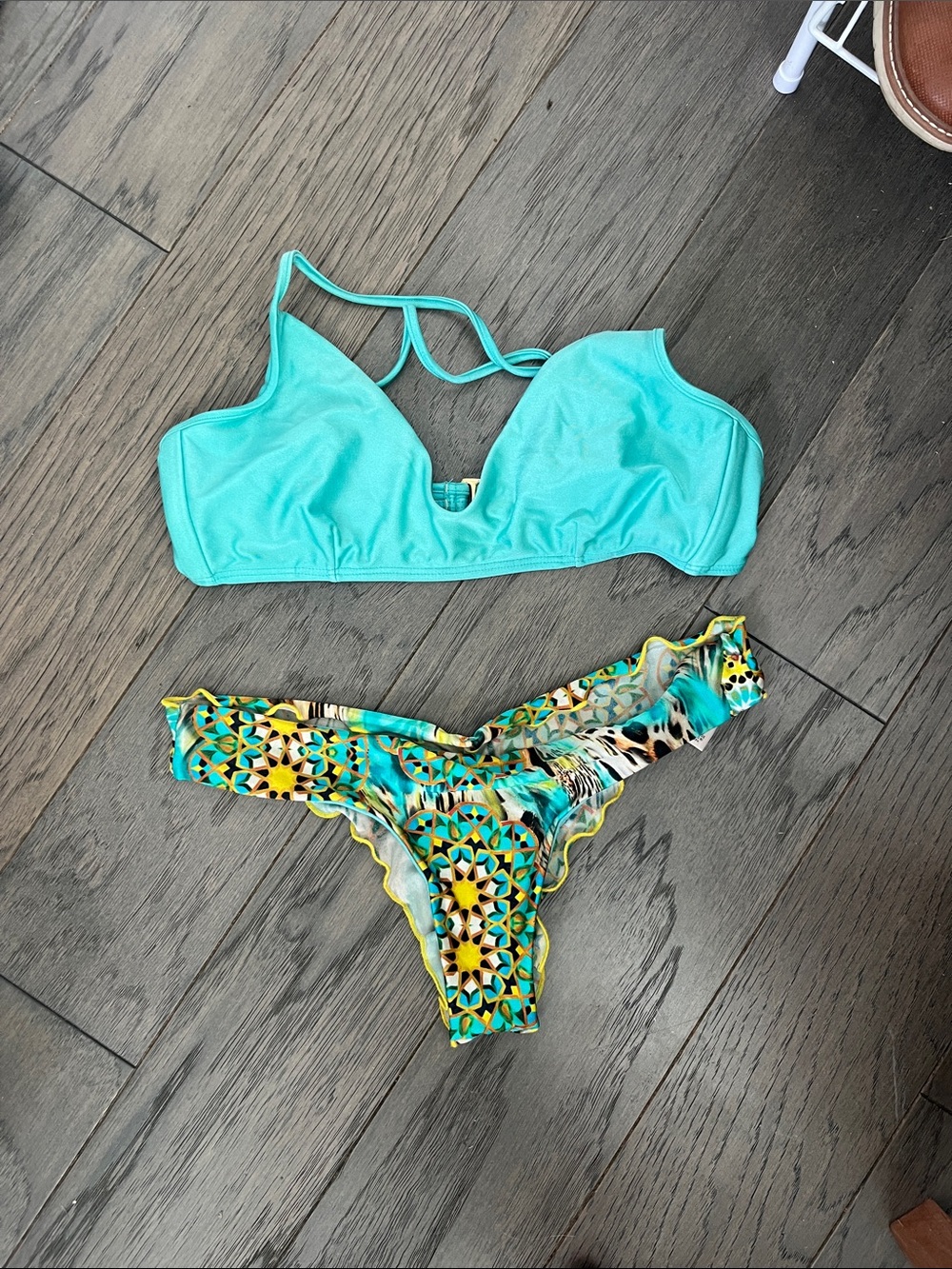 Luli Fama Turquoise Bikini Set with Multicolor Patterned Bottom